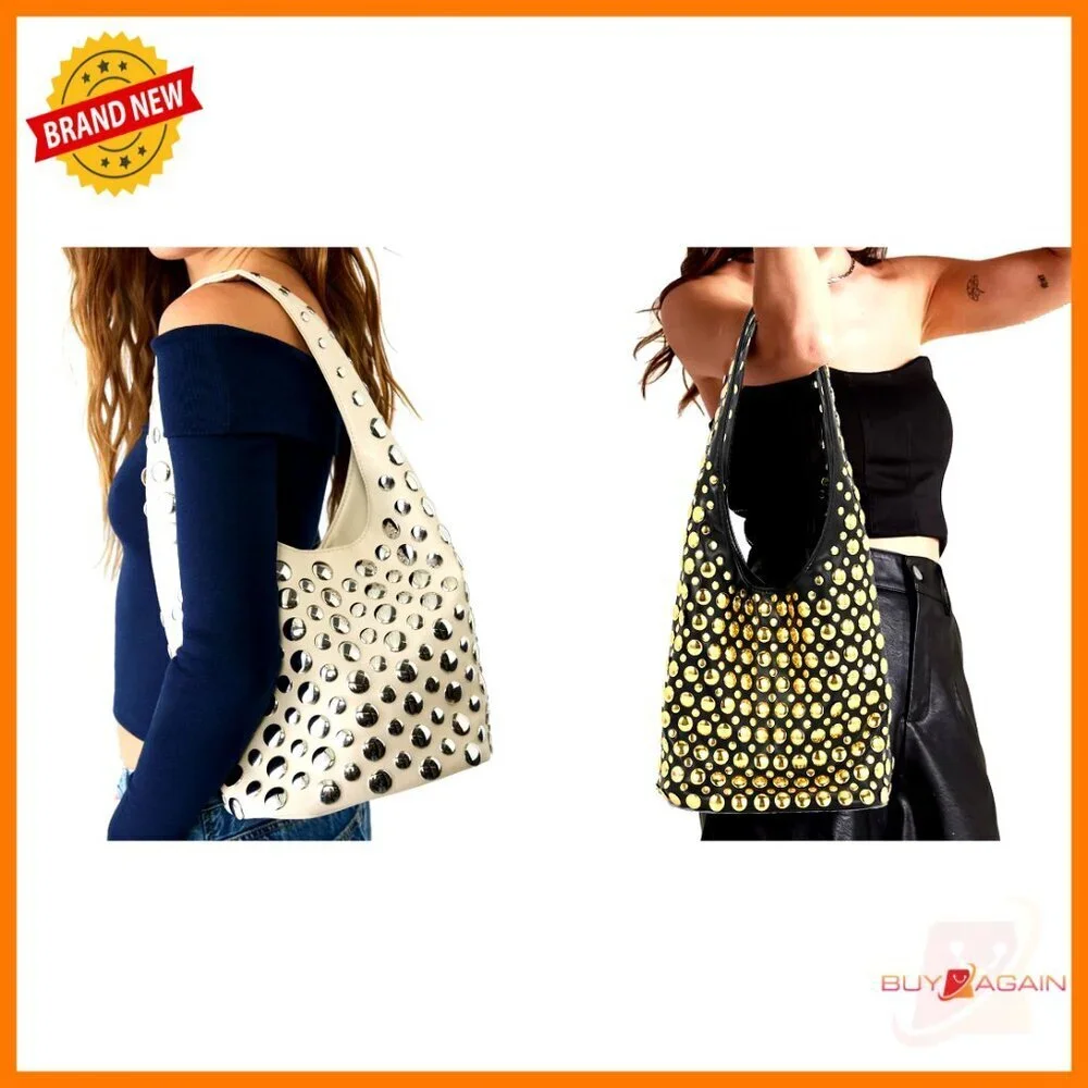 Studded Hobo Shoulder Bag PU Leather Small Tote Magnetic Closure